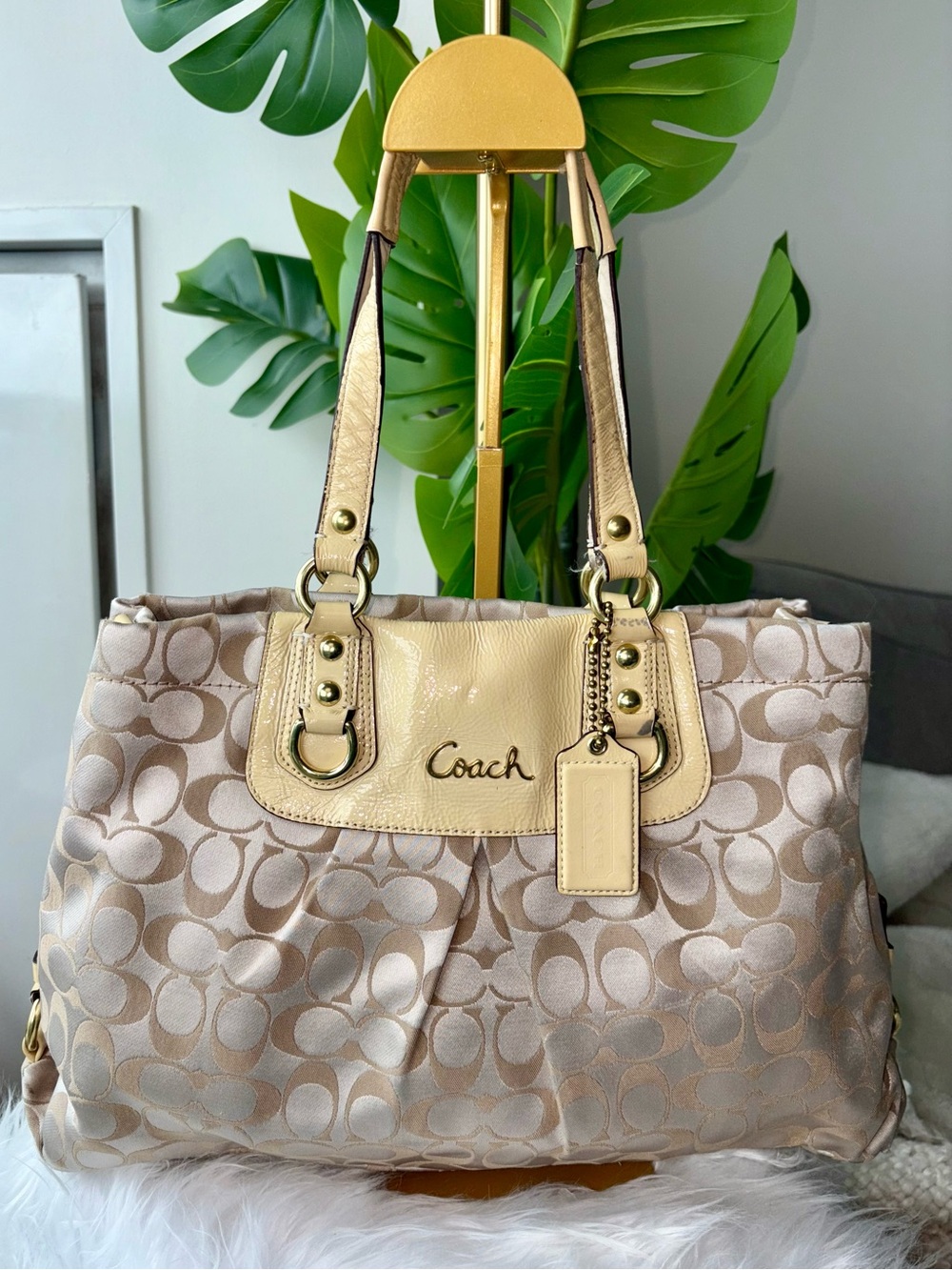 Coach Ashley F15510 Butter Yellow Beige Signature Sateen Carryall Bag